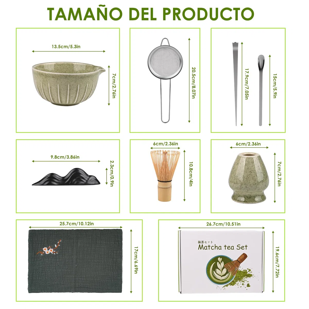 7 Piezas Matcha Kit, Matcha Set con Batidor de Bambú, Cuchara de Filtro, Colador, Cuchara de Matcha Soporte para Licuadora y Alfombrilla de Escritorio, Regalo para Amantes del té, Verde