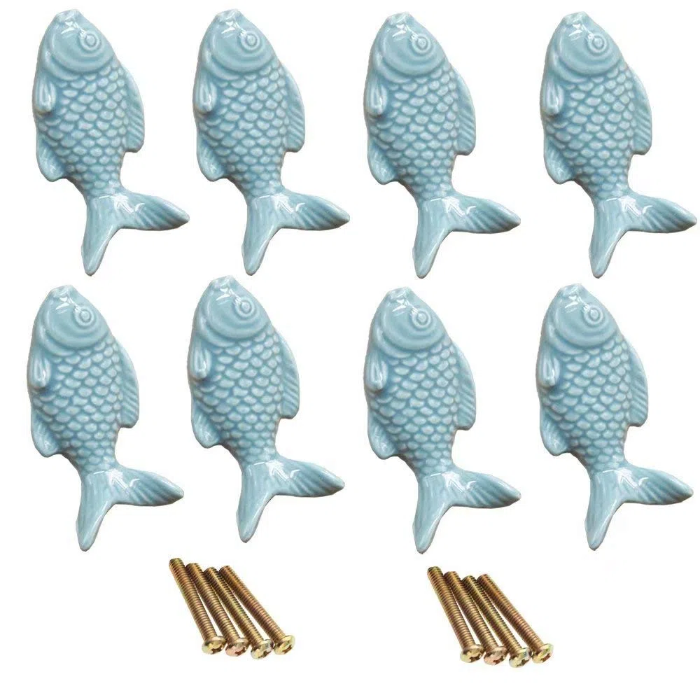 8 pomos de cerámica en forma de pez azules, tiradores para armarios, armarios, baños, cajones, adornos para guardería/habitación de bebé