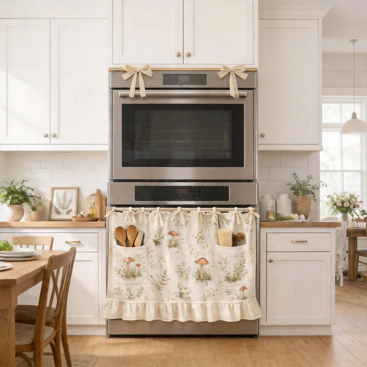 Cortina decorativa rústica para puerta de horno con ribete de volantes y lazos de cinta, cortina de horno para decoración de cocina y casa de campo
