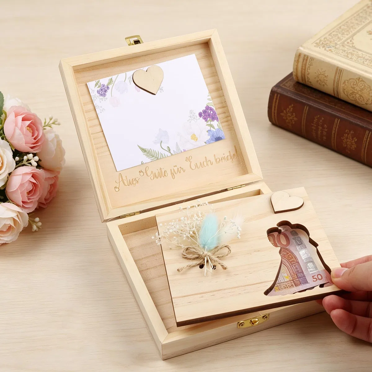 KingYH Regalo de Dinero para Boda Caja Regalos Boda Novios Regal Cajaa Madera para Recién casados Regalo Regalos de Boda para Los Novios con Caja de Madera Flores