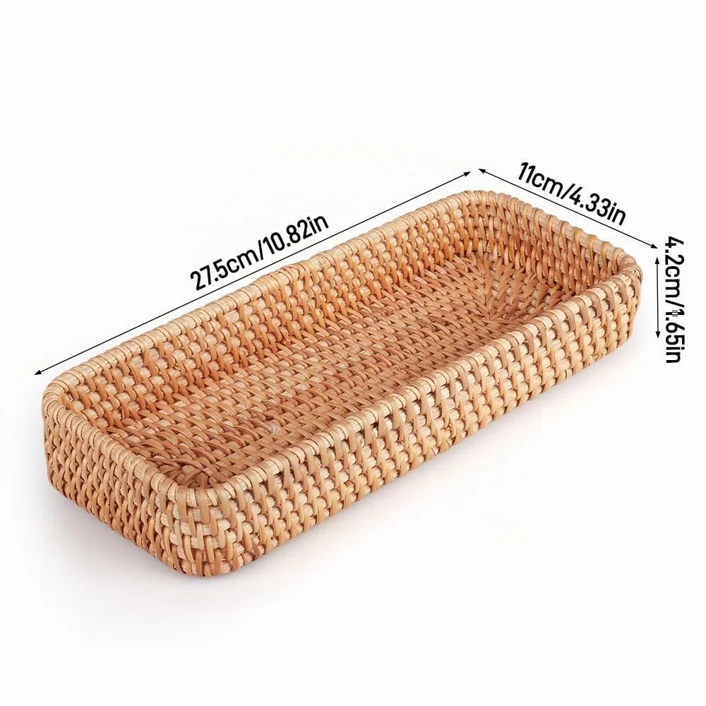 Bandeja Decorativa Rectangular, Cesta de Almacenamiento de Mimbre, Tejida A Mano, para Cocina, Baño, Dormitorio (28 x 11,5 x 4cm)