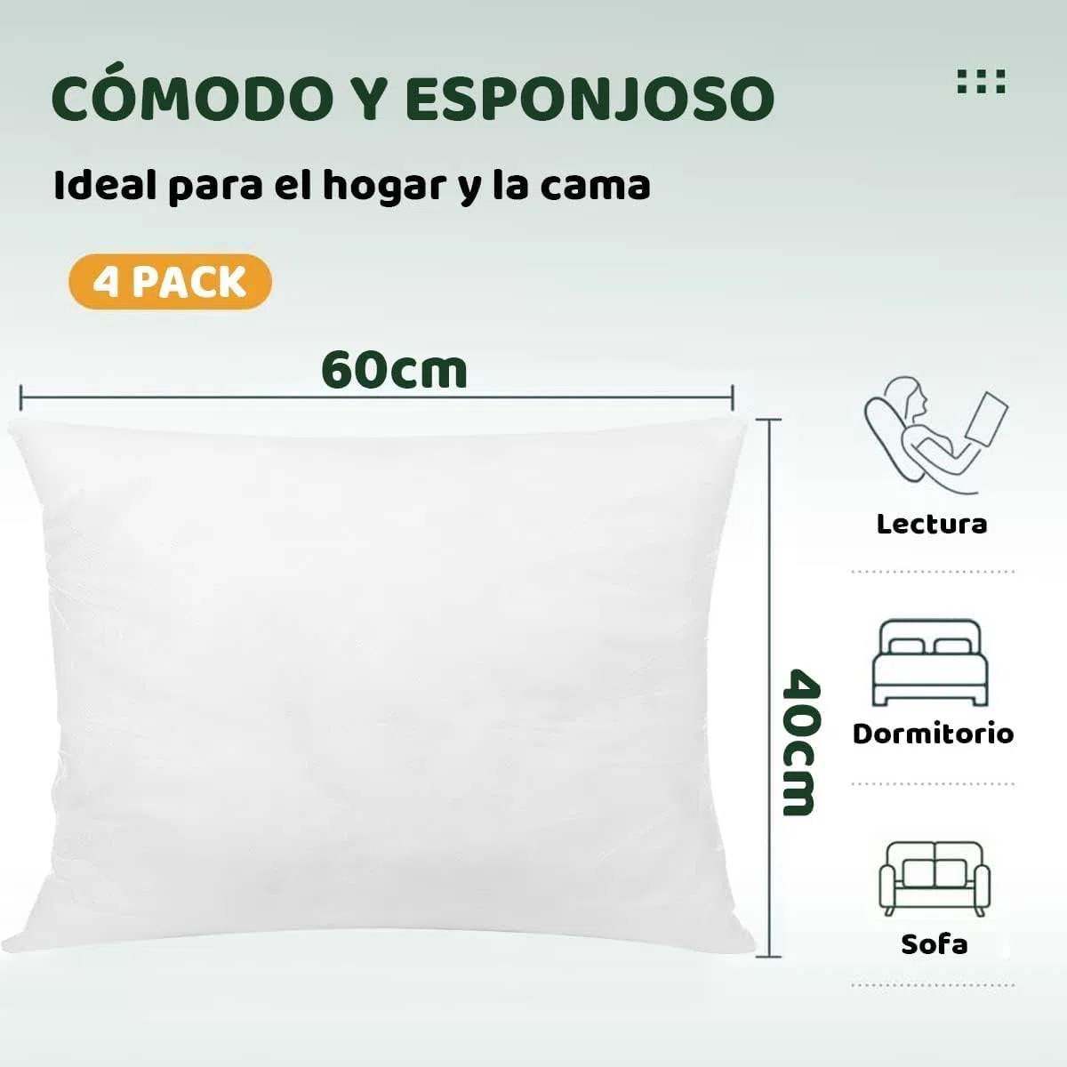MORE FREE-Relleno de Cojín para Sofá o Cama con Fibra Hueca Siliconada, Suave y Esponjoso, Indeformable, Apto para Uso Diario, Varios Tamaños (4, 40x60c'm)