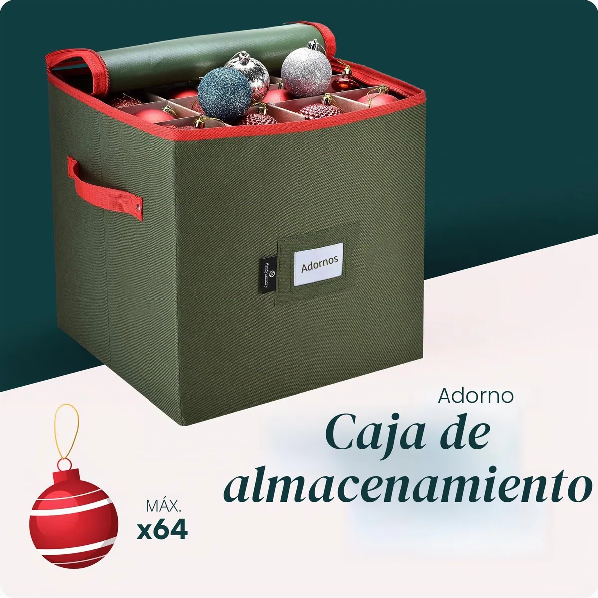 Almacenamiento de adornos de Navidad: almacena hasta 64 adornos navideños, separadores ajustables, parte superior con cremallera, dos asas. Atractiva caja de almacenamiento que mantiene las