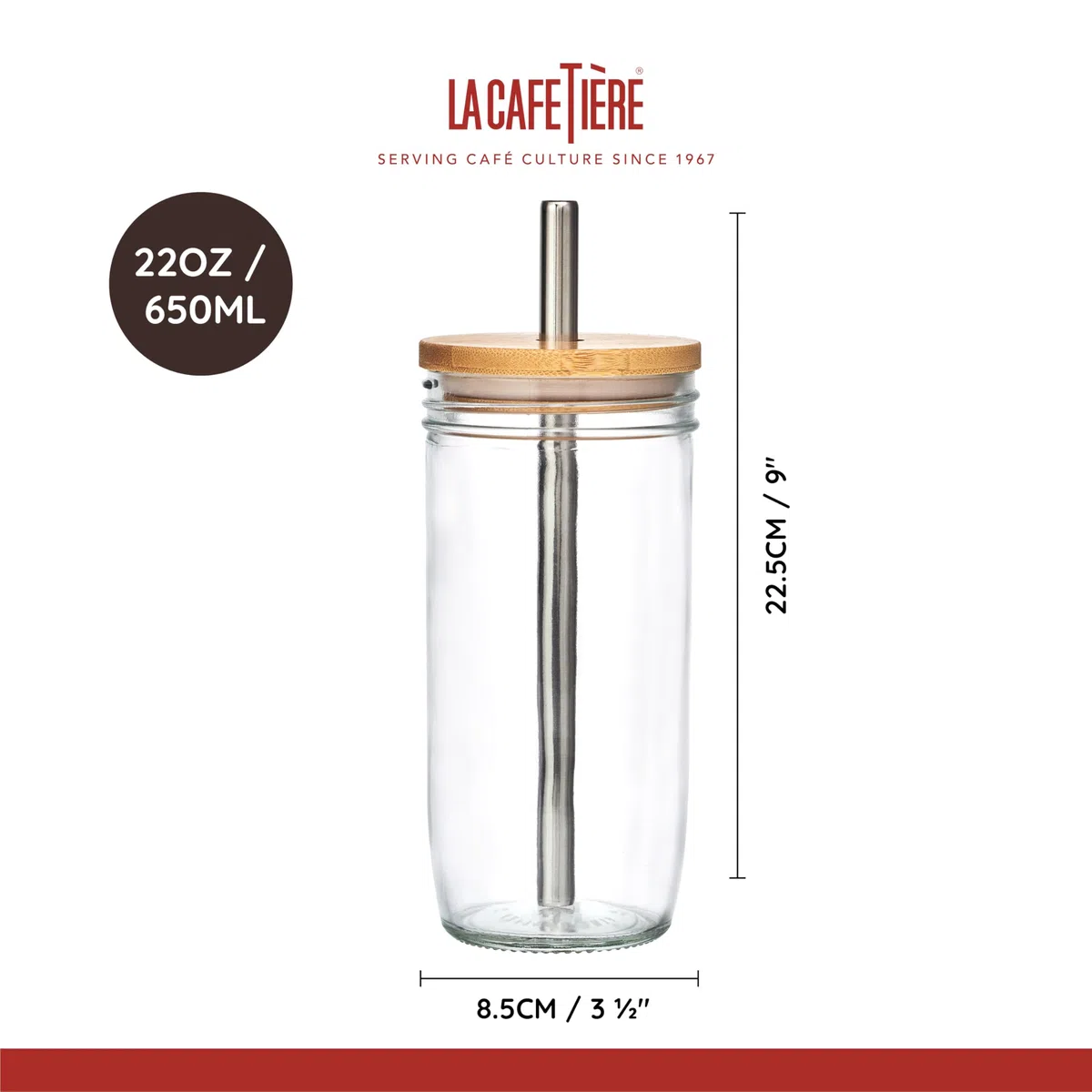 La Cafetière Bubble Tea Tumbler, 650ml Clear Glass Cup with Stainless Steel Straw, Reusable Boba Bubble Tea Drinking Cup, Ideal for Smoothies, Milkshakes, Iced Lattes and Cold Drinks