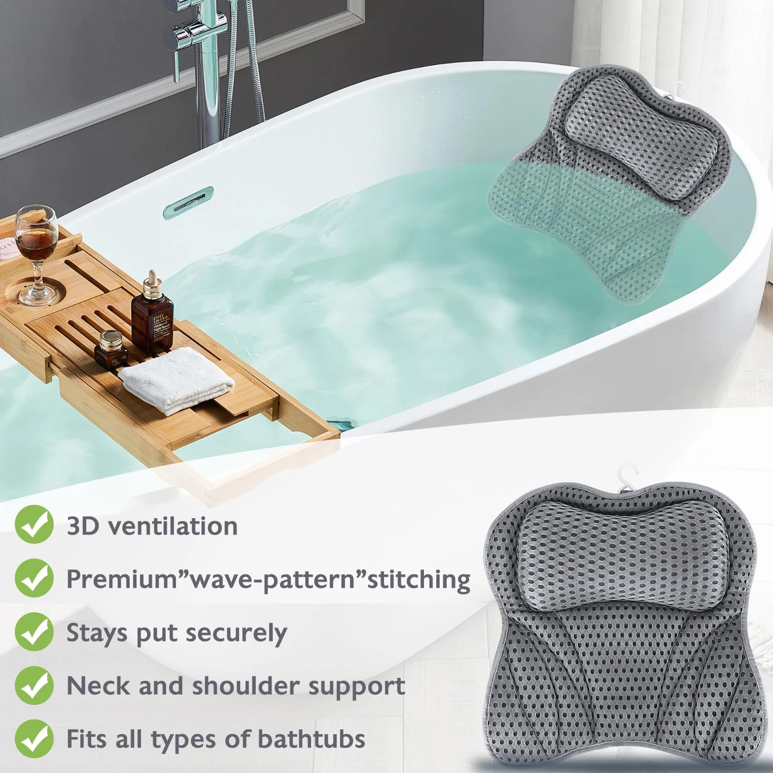 UCAMP Almohada de Baño,Cojín de Baño con tecnología 4D-Air-Mesh y 6 ventosas,Almohada para Bañera para Cabeza,Cuello,Espalda y Hombros,con máscara para Ojos Negra incluida, SPA en casa