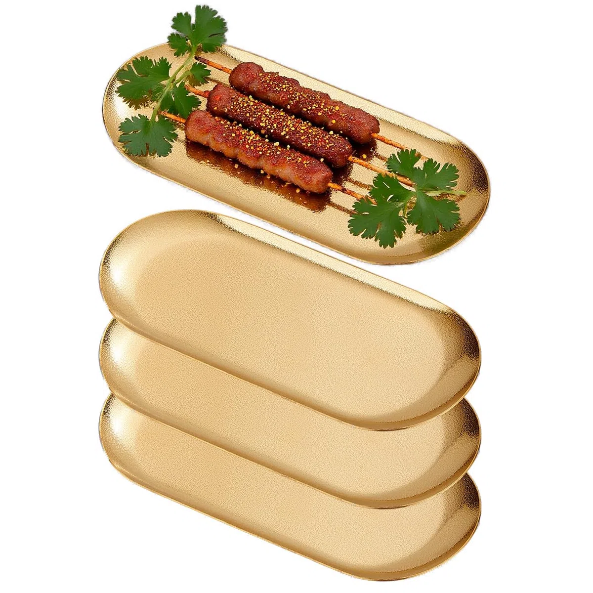 SANQIAHOME Platos de aperitivo óvalo de 21x9cm, juego de 4,platos llanos de acero inoxidable grueso, platos de postre de pasta para sushi, horno de frutas/lavavajillas apto,Oro