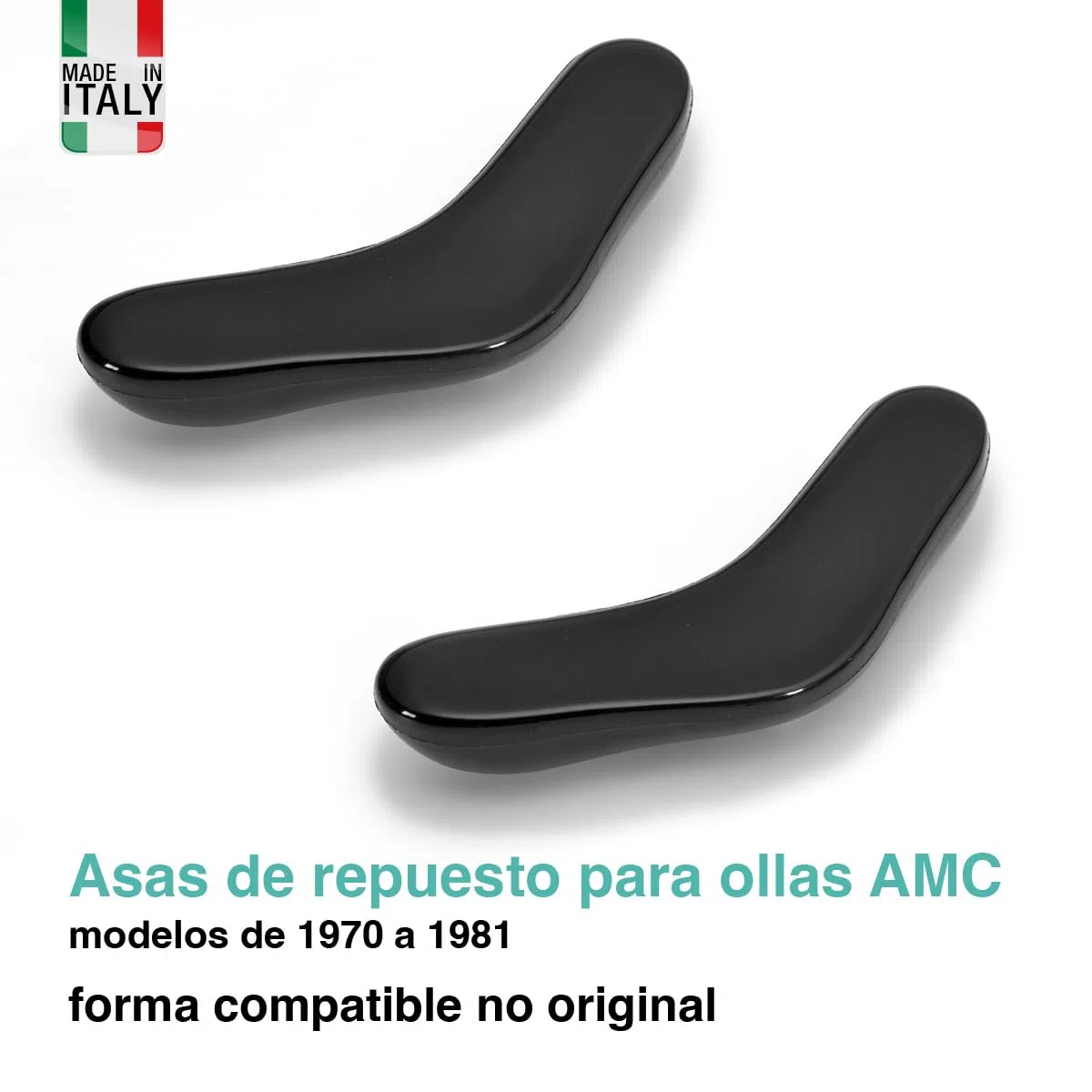 Mangos de olla con forma no original, pero compatibles con AMC – Rosca de latón y baquelita antiquemaduras, juego de 2 asas – Incluye 4 tornillos de acero inoxidable