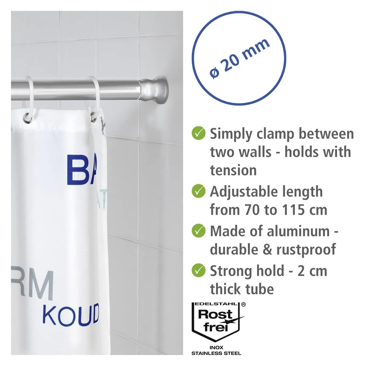 Wenko Barra para Cortina baño telescópica cromada 70-115 cm - Ø 2 cm, Aluminio, 2 x 2 cm, Cromo