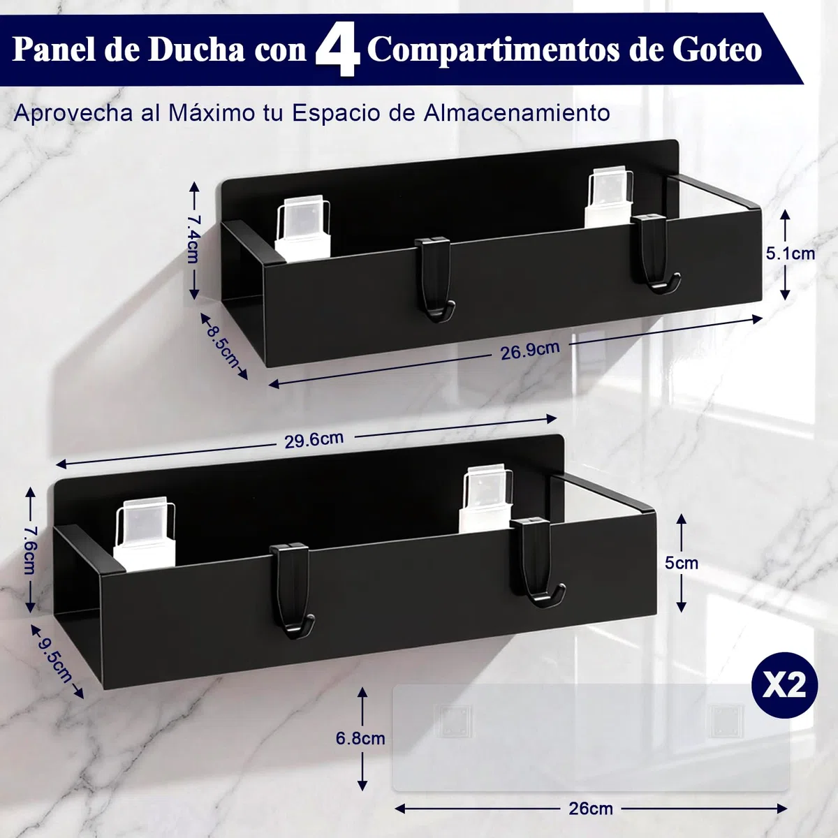 2 Piezas Estante de Ducha sin taladrar, Negro, Estante de Almacenamiento de baño Inoxidable, Estante para champú y Gel de Ducha, Cesta de Ducha de Metal Negro Mate, con 4 Ganchos