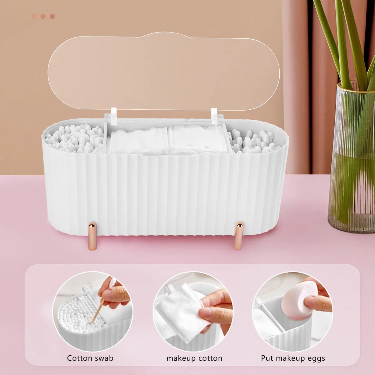Organizador de cosméticos de Maquillaje, Almacenamiento de Almohadillas de algodón con Tapas, Pincel para Sombra de Ojos, 4 Compartimentos Accesori (Blanco)