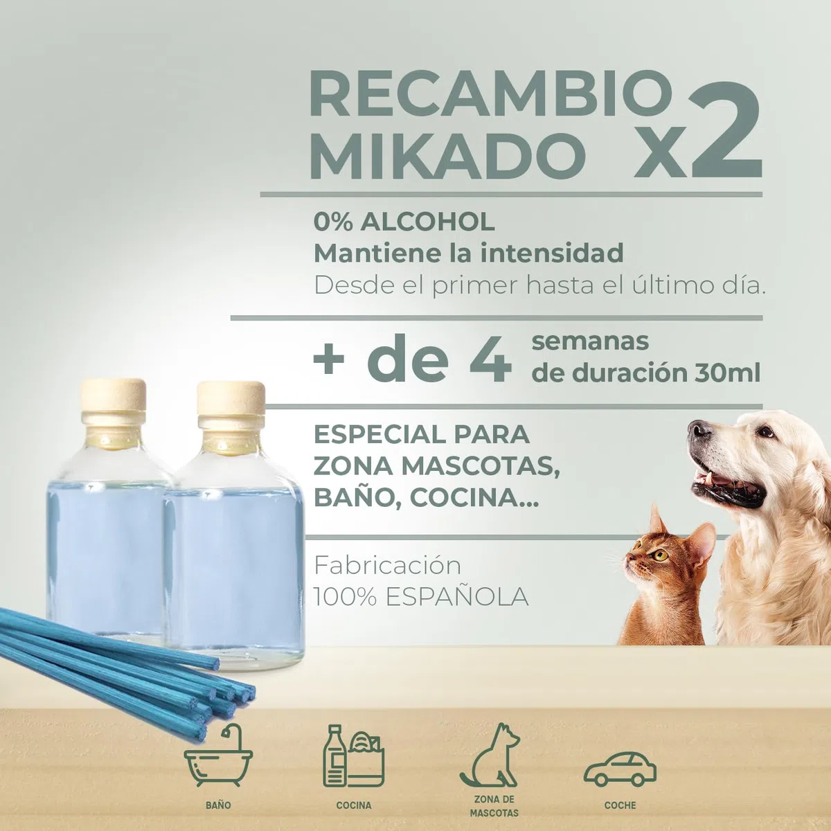 CRISTALINAS. Recambios Ambientador & Absorbe Olor Mikado para Mascotas. 0% Alcohol. Mas de 4+4 semanas de duracion. 2x30 ml. Aroma (Aire Fresco) (Pack Dúo)