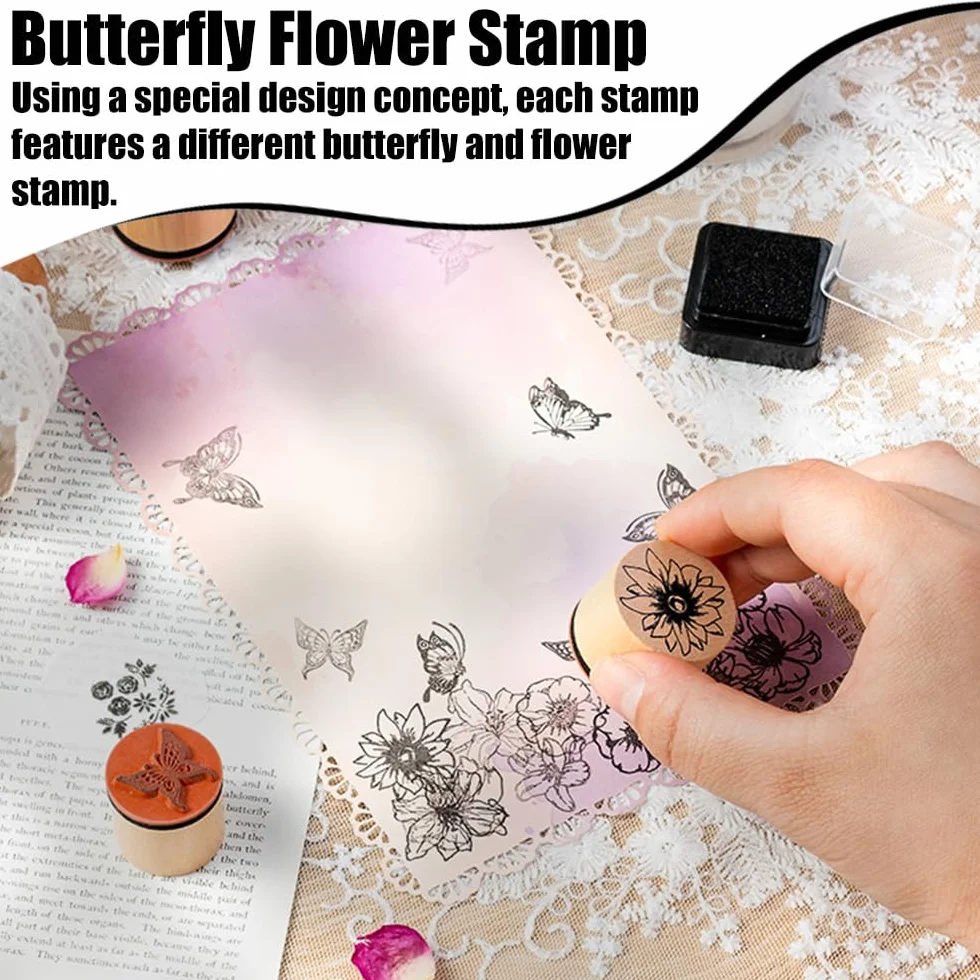 16 Piezas Kit de Sello De Madera Mariposa Flores Sellos de Goma de Madera Mariposa Flores Sellos Mariposa Flore Madera Sellos de Madera de Mariposa Flore para DIY Scrapbooking,Manualidades