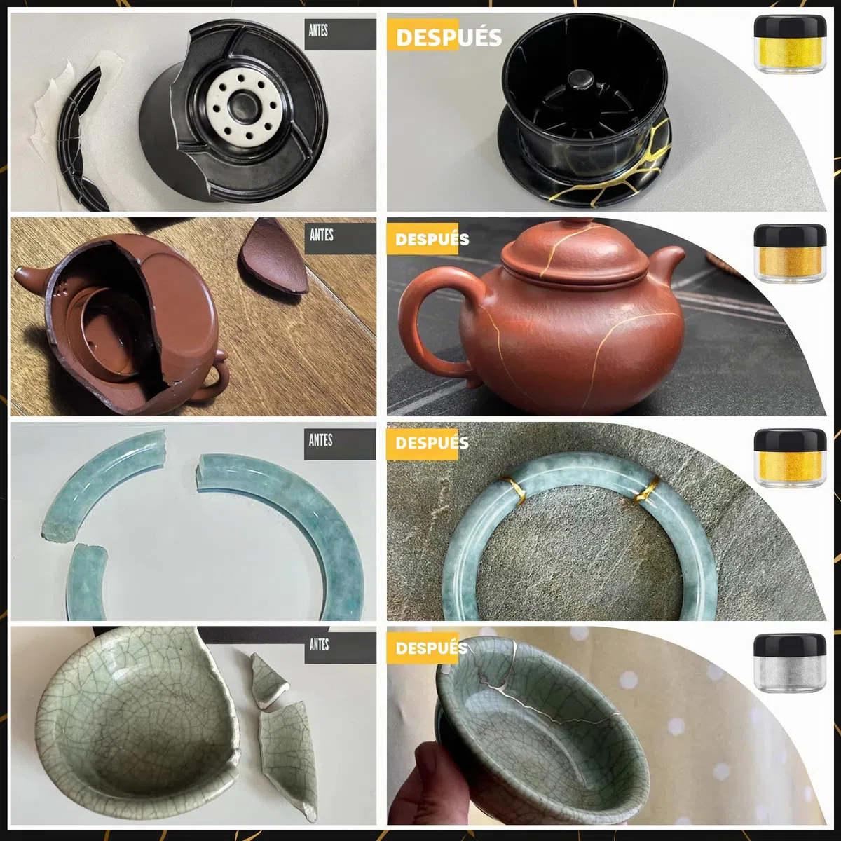 Kit de reparación Kintsugi - Kit Kintsugi apto para alimentos repara cerámicas rotas, vidrio, jade, esculturas, cerámica significativa - Pegamento Kintsugi dorado para reparación de cerámica y