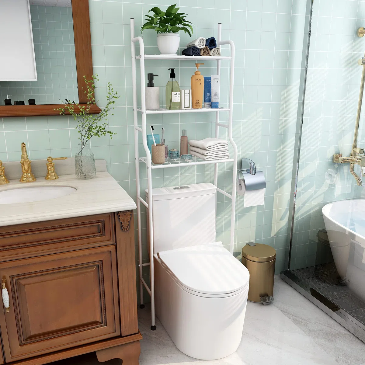 Soporte de inodoro de metal, soporte de baño de malla de 3 niveles, organizador de baño, ahorro de espacio, fácil de montar (blanco)