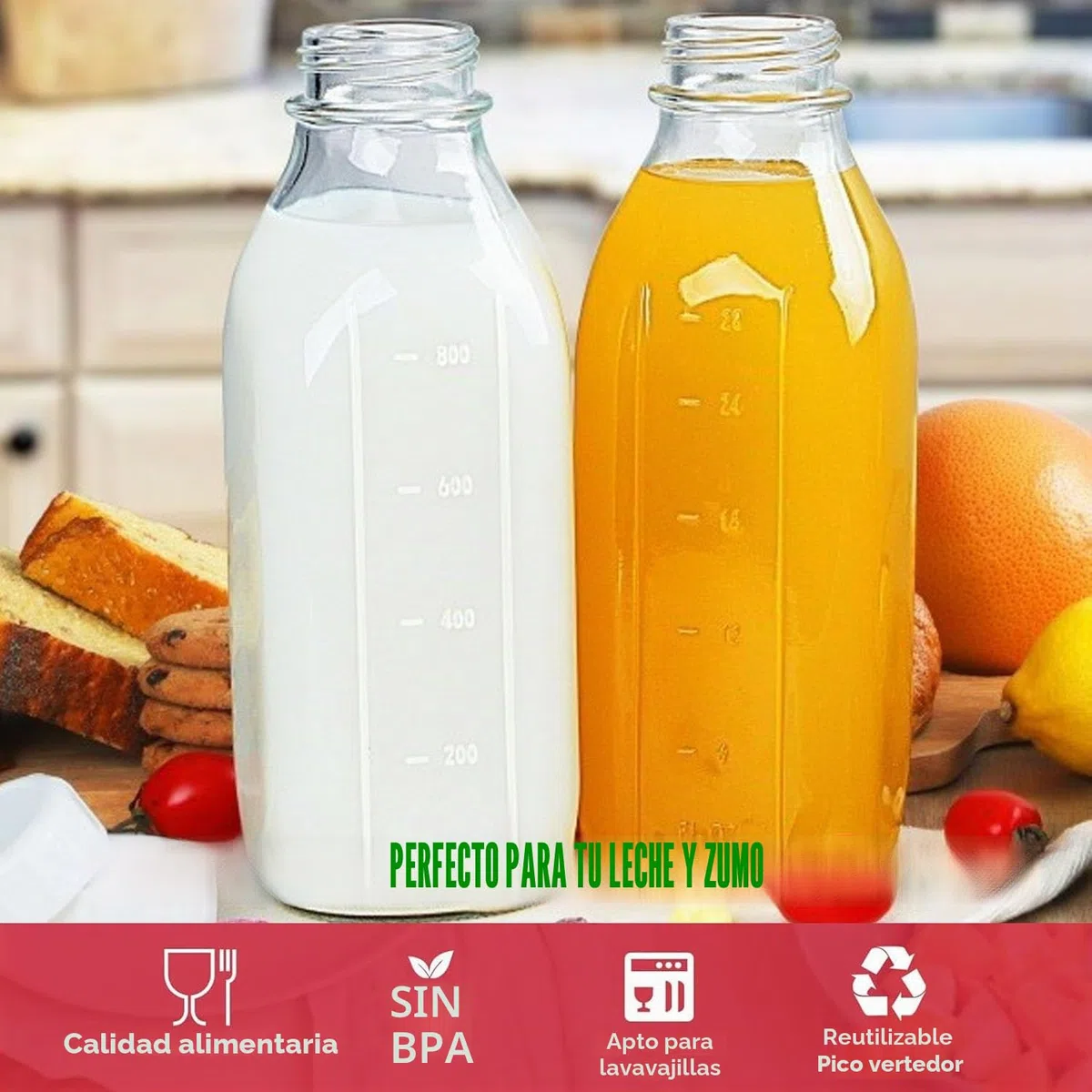 2 PCS 1L Botellas de vidrio con Tapas, Botellas Cristal Reutilizable, Botella Vidrio Transparente, botellas de zumo, para Oats, Cereales, Yogur, Pudín, Aceite, Leche, Zumo y Limonada