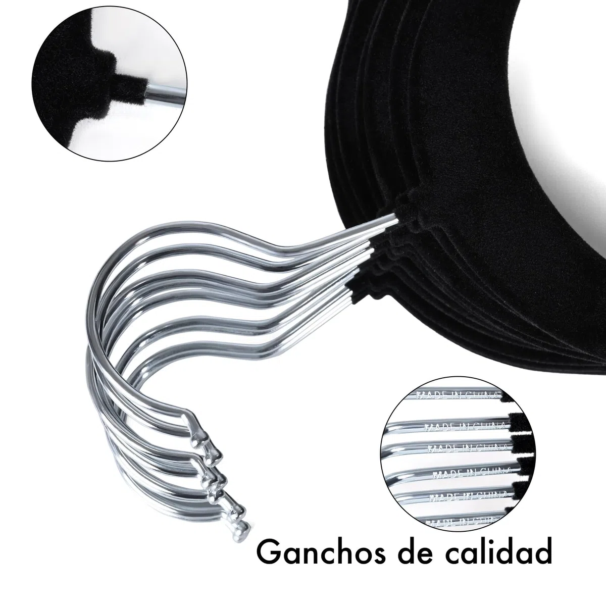 Pack de 50 Perchas de Ropa plástico Terciopelo Negro Antideslizante Cabezal Giratorio Finas para Camisetas Pantalones Camisas. Ahorra Espacio. Ranuras para Hombros.