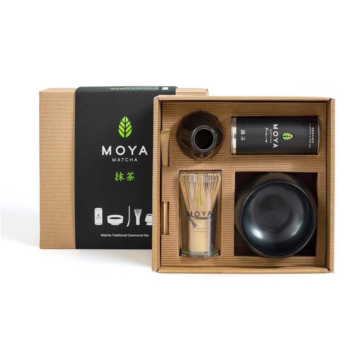 Moya Matcha set Juego de Té matcha Orgánico Japonés | 30g Premium Grado Ceremonial Matcha | Cuenco negro + Batidor + Soporte + Cuchara | Té matcha preparación Ceremonia del té japonés El Primero Grado