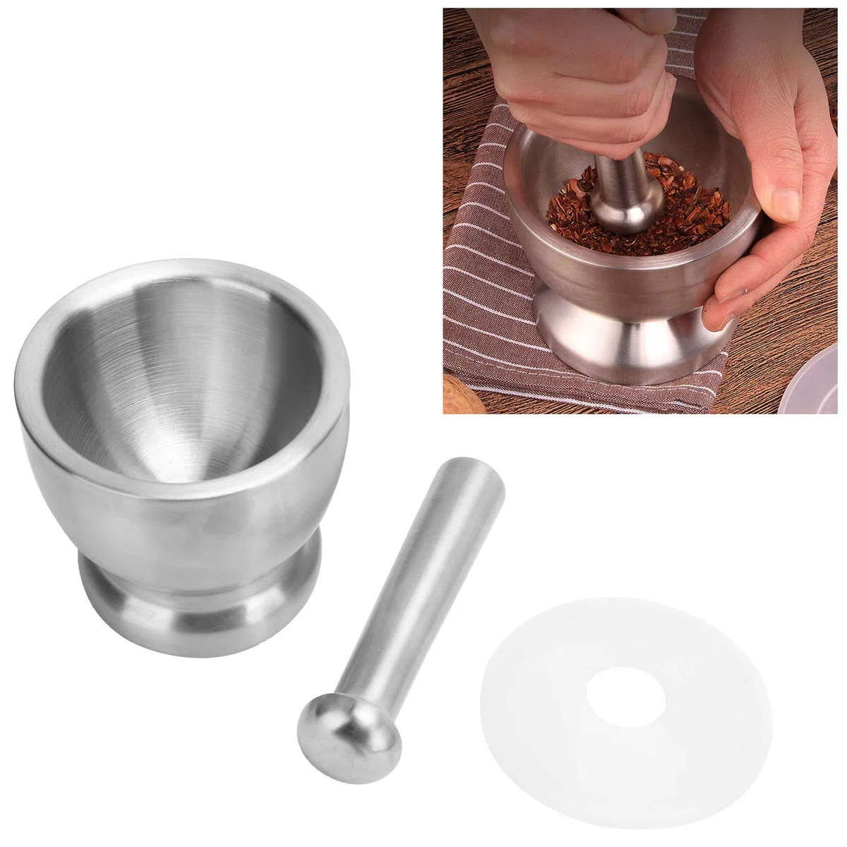 Mortero y Maja de Acero Inoxidable con Tapa de Silicona, Triturador de Ajo, Especias y Hierbas, Juego de Molinillo Manual con Base Antideslizante, Diseño Ergonómico para Cocina, Fácil de Limpiar