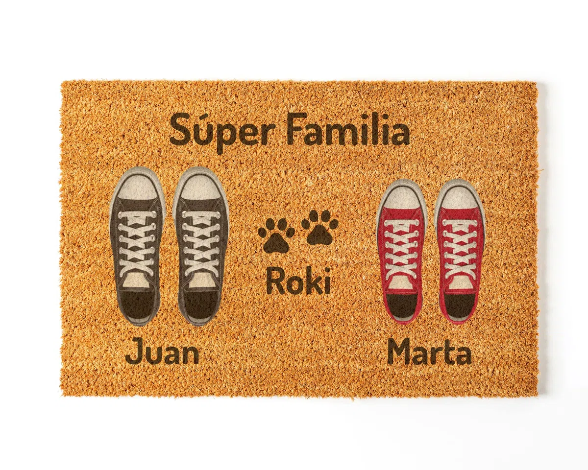 Felpudo Personalizado para la Entrada a Casa | Personaliza tu Felpudo con tu Familia y Mascotas | 70 x 40 cm | Felpudos Originales y Divertidos en 100% Fibra de Coco | Pareja + Perro