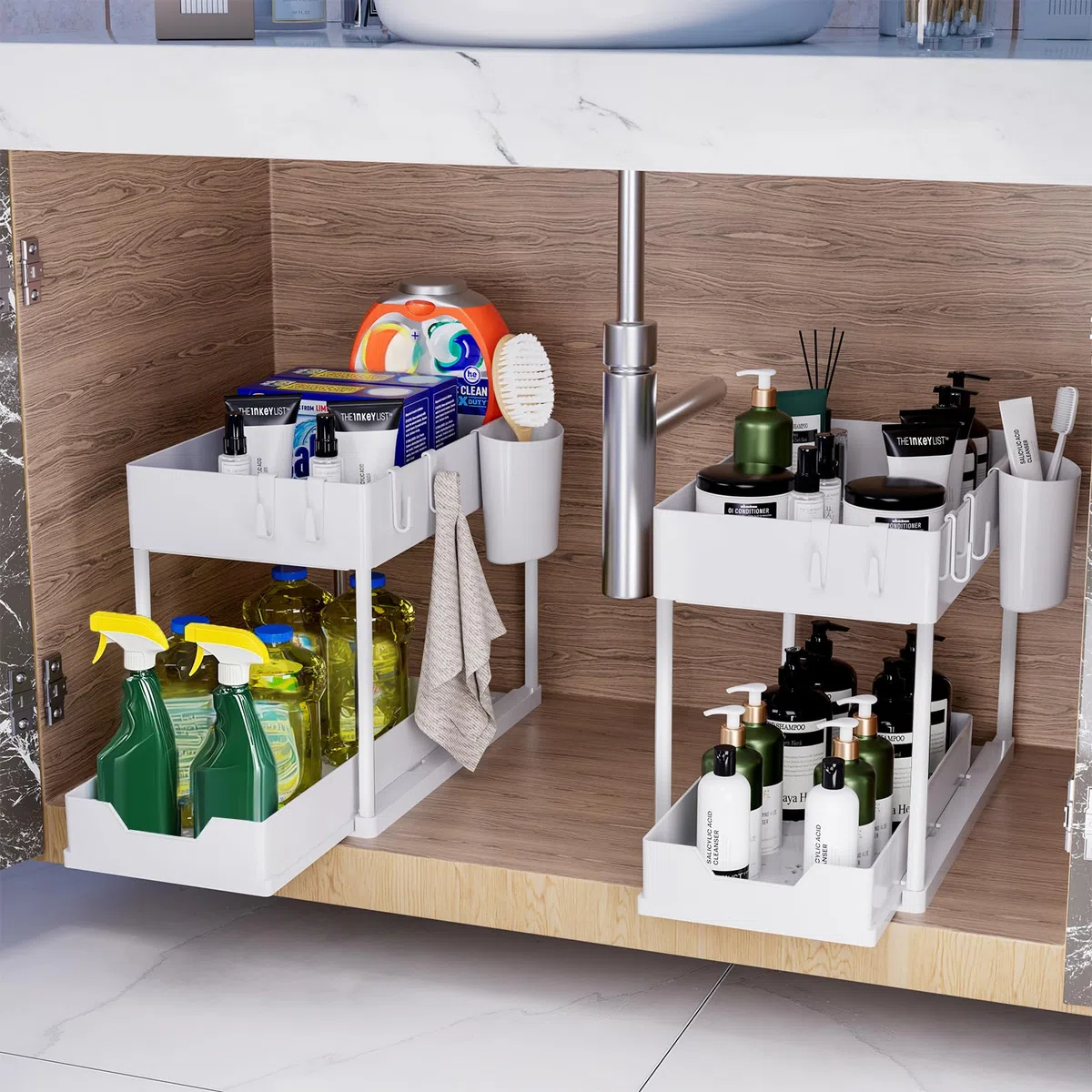 Puricon Estantería Bajo Fregadero, Estante Organizador Mueble Bajo Fregadero Cocina Lavabo -Blanco