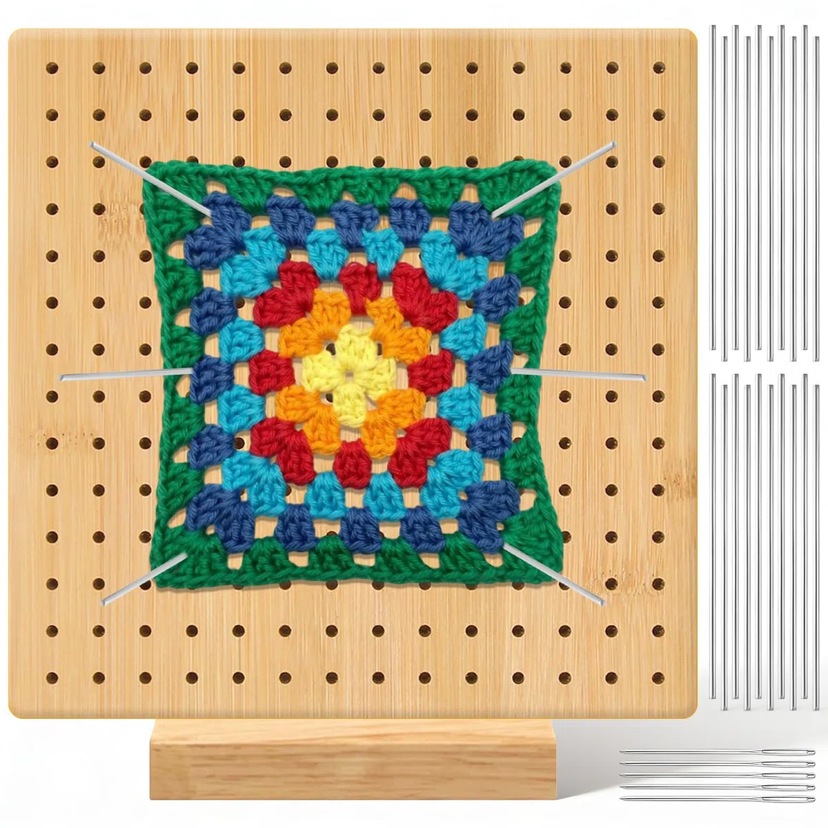 Kit Bloqueador Crochet con 20 Barras Acero Inoxidable, 1 Base Soporte y 5 Agujas Ojos Grandes, Tabla Bloqueo Ganchillo Madera Bambú, Tablero Bloqueo Cuadrado para Proyectos Punto Hechos Mano (20x20cm)