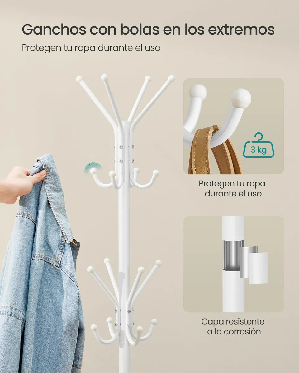 SONGMICS Perchero, Burro de Ropa de Metal, Perchero para Ropa, Bolsos y Sombreros, Altura 175 cm, con 16 Ganchos, para Recibidor, Salón y Dormitorio, Blanco Nube RCR081WC01