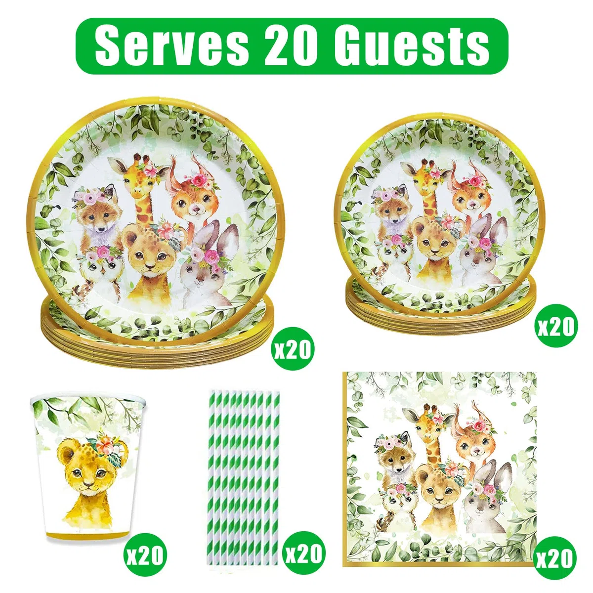 100 piezas Vajilla Wild One, para 20 Invitados, Suministros de Fiesta para Niños de Animales Salvajes, para Niños, Cumpleaños, Fiesta Temática, Decoración de Baby Shower