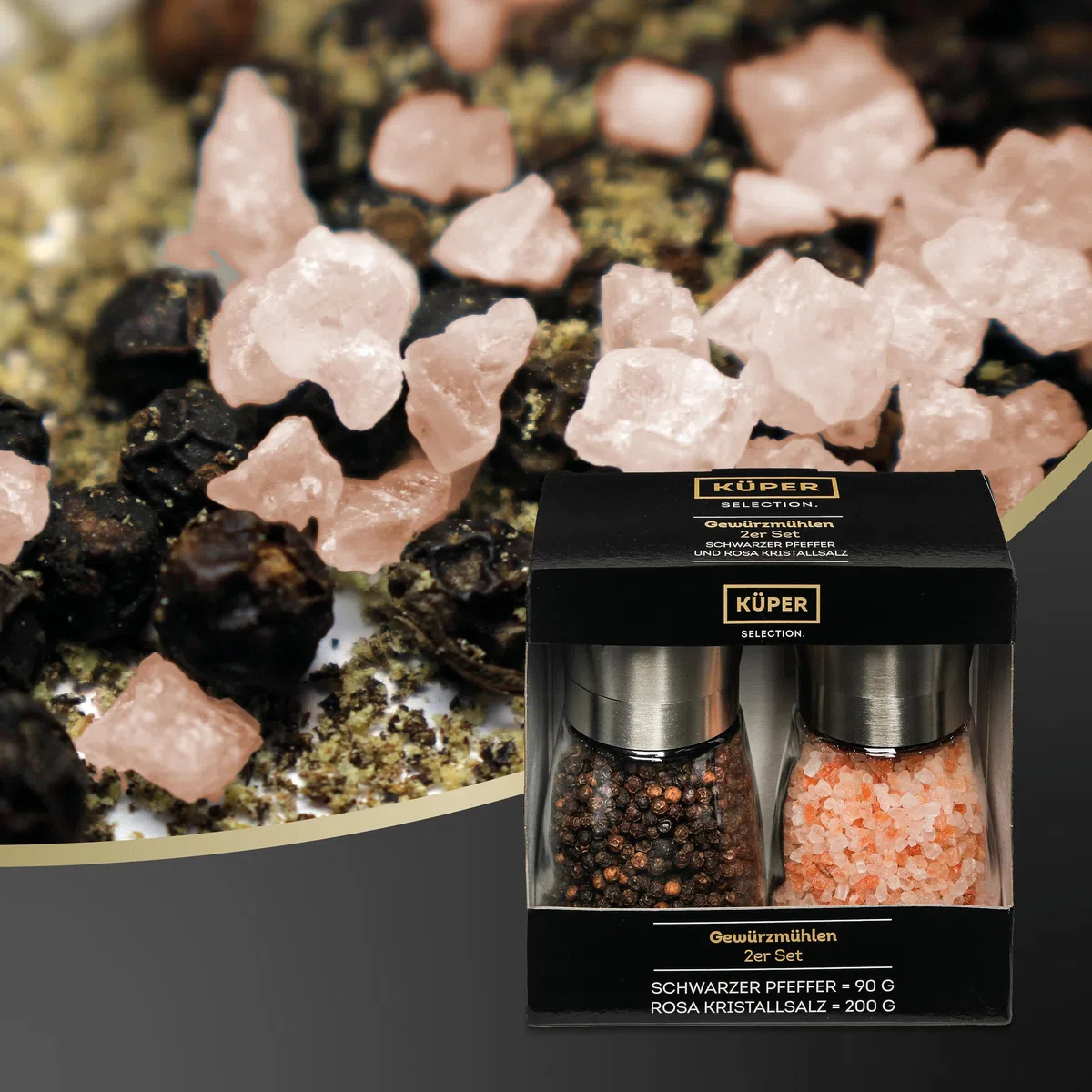 Küper Selection - Juego de 2 molinillos de especias - con pimienta negra y sal de cristal rosa - Molinillo de sal y pimienta - Juego de 2 especias - 90 g de pimienta - 200 g de sal