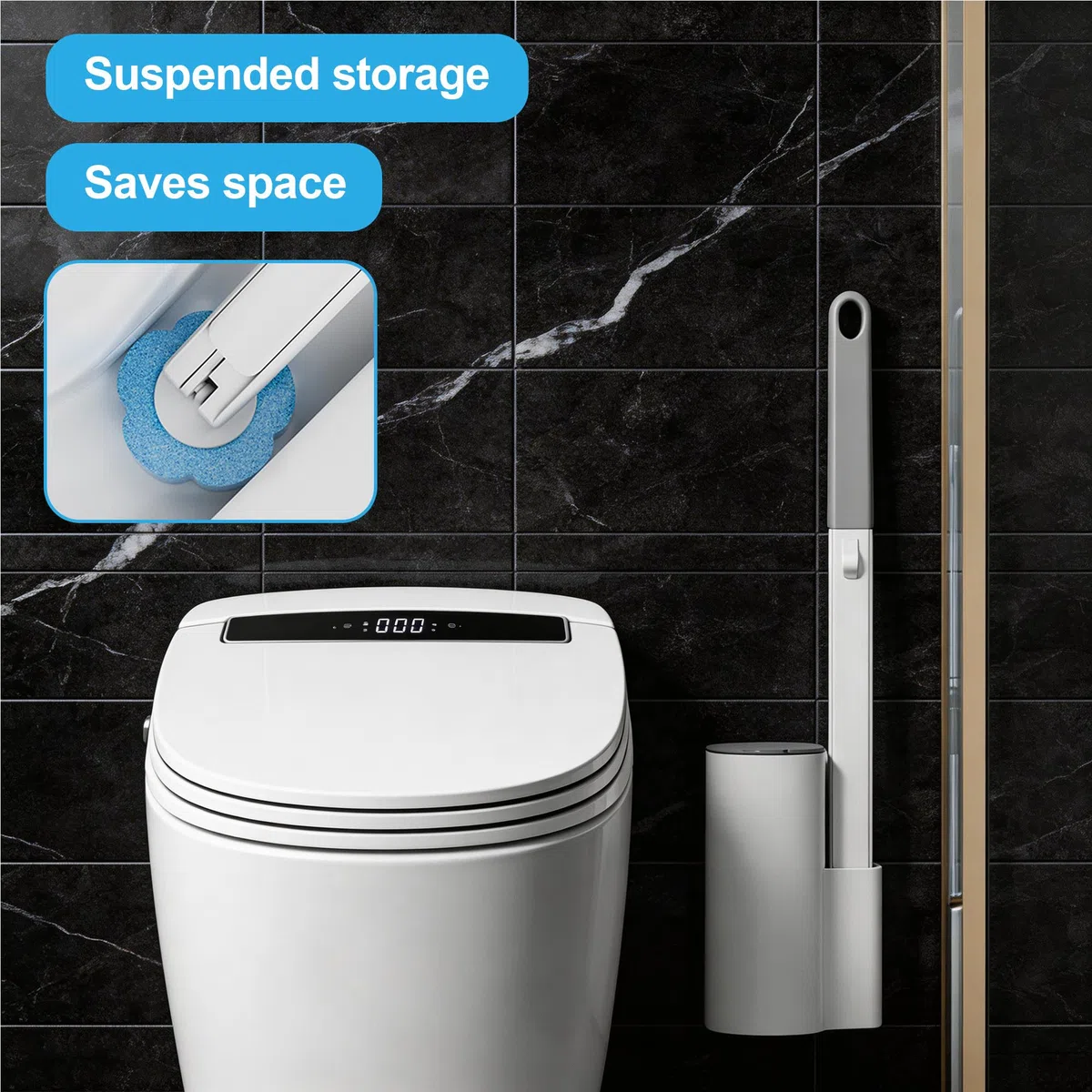 Escobillas de baño Desechables, Mangos Dobles extendidos y Soportes Dobles, Contiene 60 Cabezales de Cepillo detergente Desechables. escobilla WC para inodoros, bañeras, lavabos (Azul)