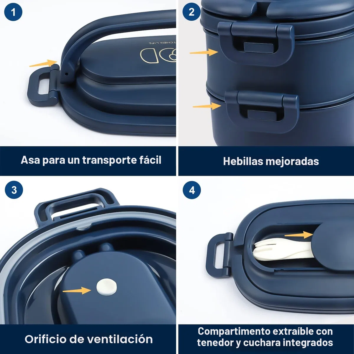 Fiambrera 2 Capa - 1550ml Lunch Box - Bento Box con 3 Compartimentos y Cubiertos - Loncheras para Adulto, Diseñado 2 Cierre de Clip, Sin BPA, Microondas, 19.2 x 11.5 x 12cm, Azul
