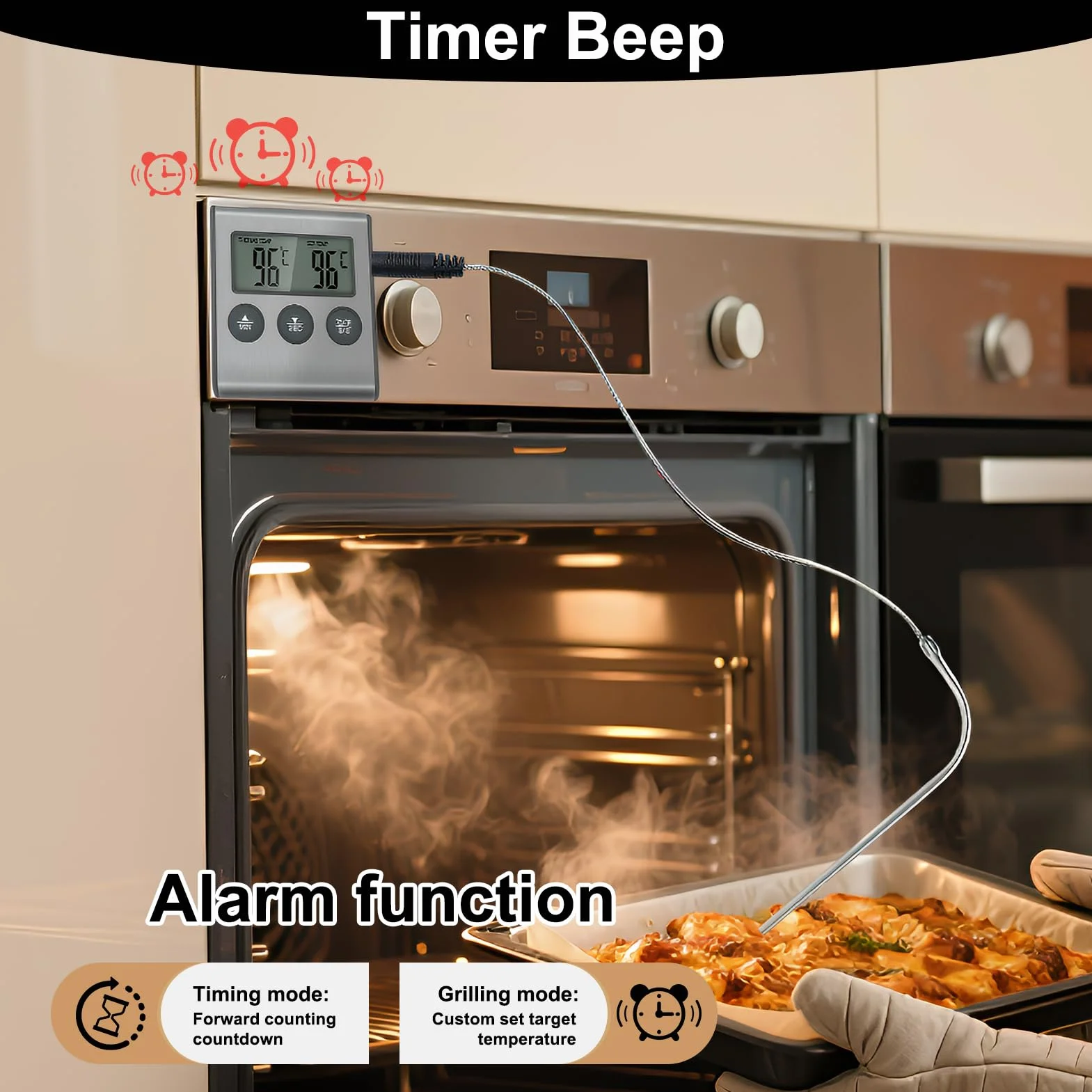 Termómetro Digital para Carne y Barbacoa con Pantalla LCD Grande, Sonda de Acero Inoxidable y Temporizador, Termómetro de Cocina paraHorno, Ahumador, Parrilla y BBQ