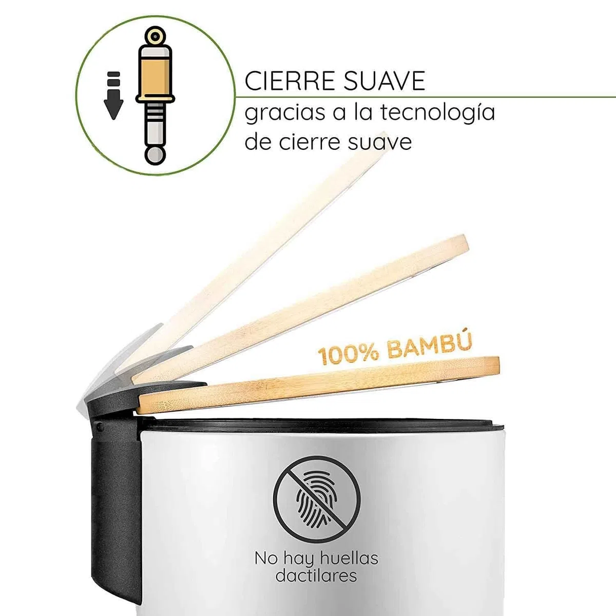 DAMDAM GO Papelera de Baño con Tapa de Bambú 3L – Cubo de Basura con Pedal y Cierre Suave Silencioso, Diseño Elegante Antihuella para Baño, Cocina u Oficina (Blanco)