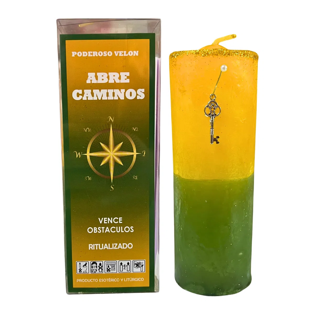 Velón de Abre Caminos para Vencer Obstáculos | Velón Ritualizado para Abrir Caminos, Resolver Situaciones, Desatrancar y Prosperar | Con Amuleto de Llave, Alfiler y Oración.