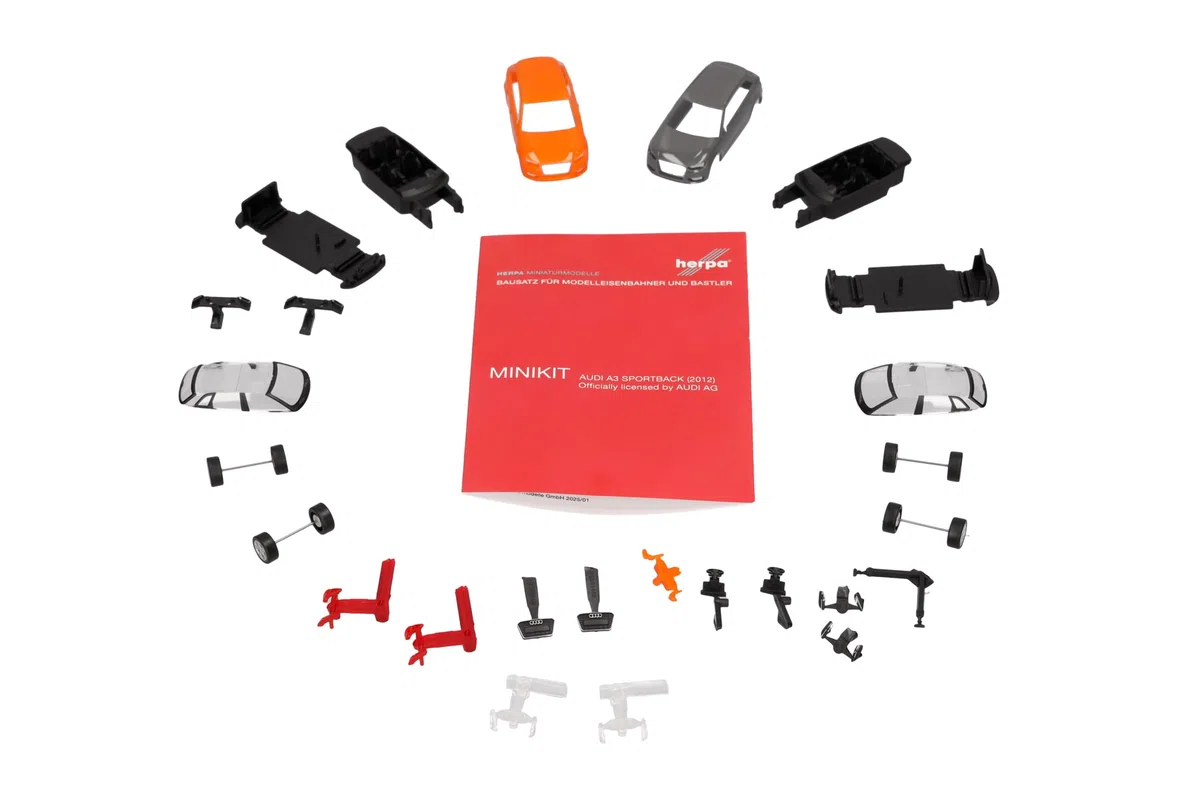 herpa Kit de Montaje MiniKit Audi A3 Sportback (2012) Naranja Brillante y Gris Nardò, 2 Unidades, Miniatura a Escala 1:87, artículo de colección, Kit para modelismo, plástico