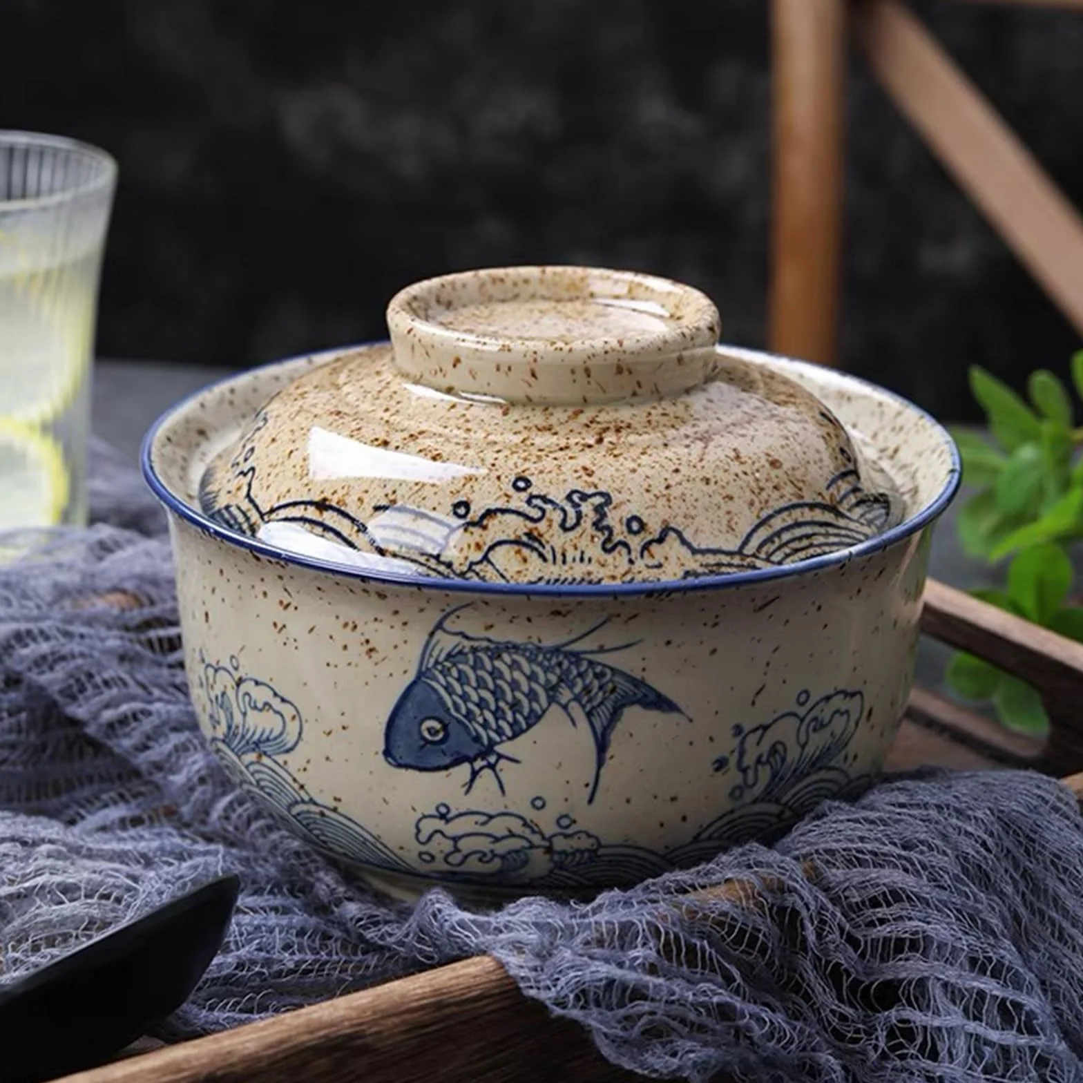Cuenco de ramen, juego de cuencos de ramen de cerámica con tapa, 800ml de cuencos de sopa, Pho, cuenco de ramen vintage japonés de cerámica para cereales, sopa, vajilla asiática apta para microondas y