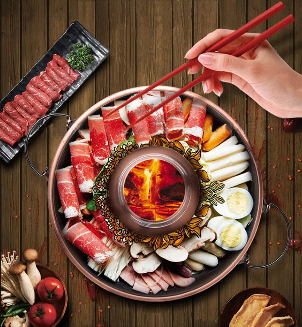Olla de fondue de cobre, olla tradicional de Shabu, olla de sopa vintage de cobre carbón y acero inoxidable