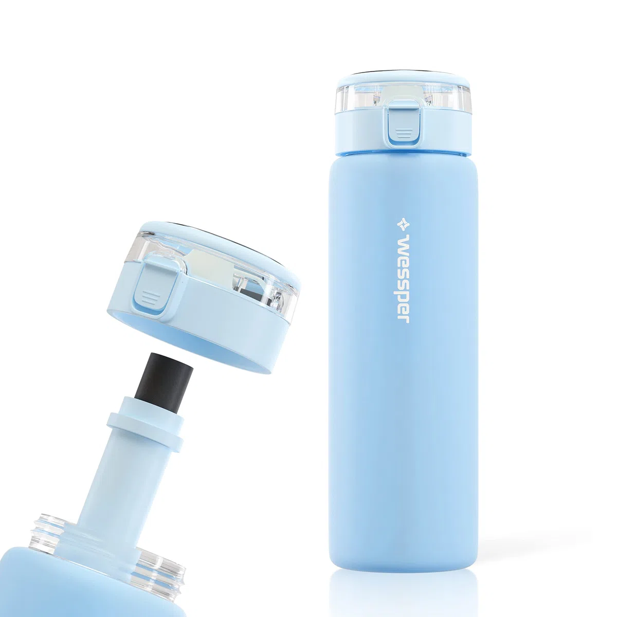 Wessper botella de vidrio, con tapón, sin BPA con filtro, deportiva de vidrio 680 ml, botella con filtro para exterior - azul
