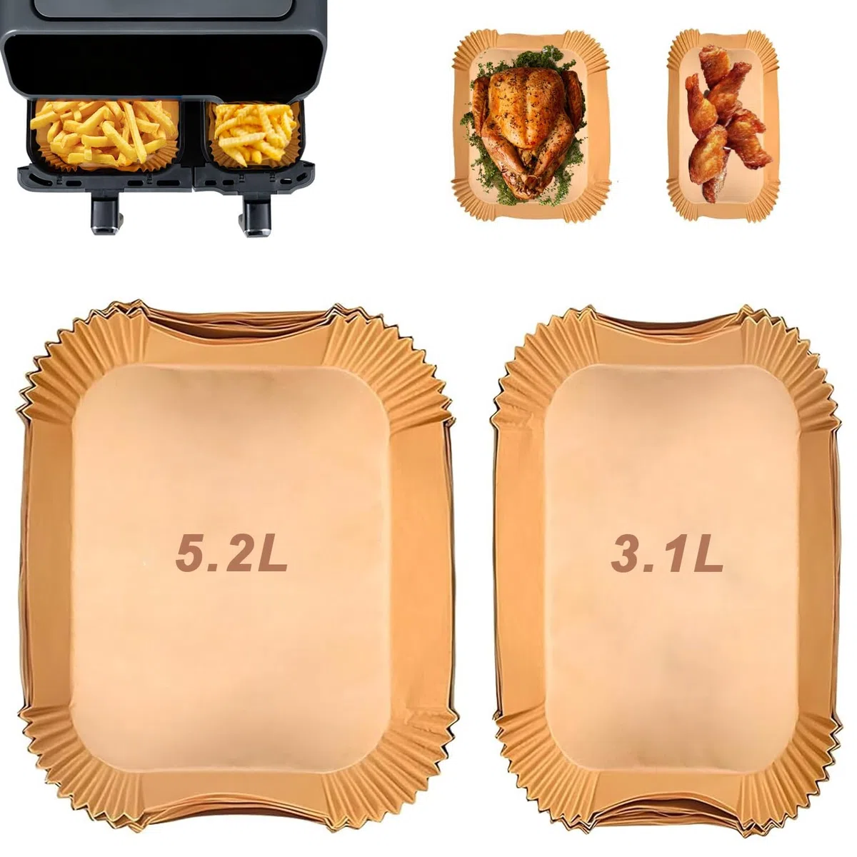 Papel Para Freidora de Aire para Moulinex Air Fryer 5,2/3,1 L, Papel Freidora Aire Air Fryer Papel para Philips Airfryer Serie 3000, Cecotec 5,5/3,5 L, Air Fryer Accesorios (50pcs+50pcs)