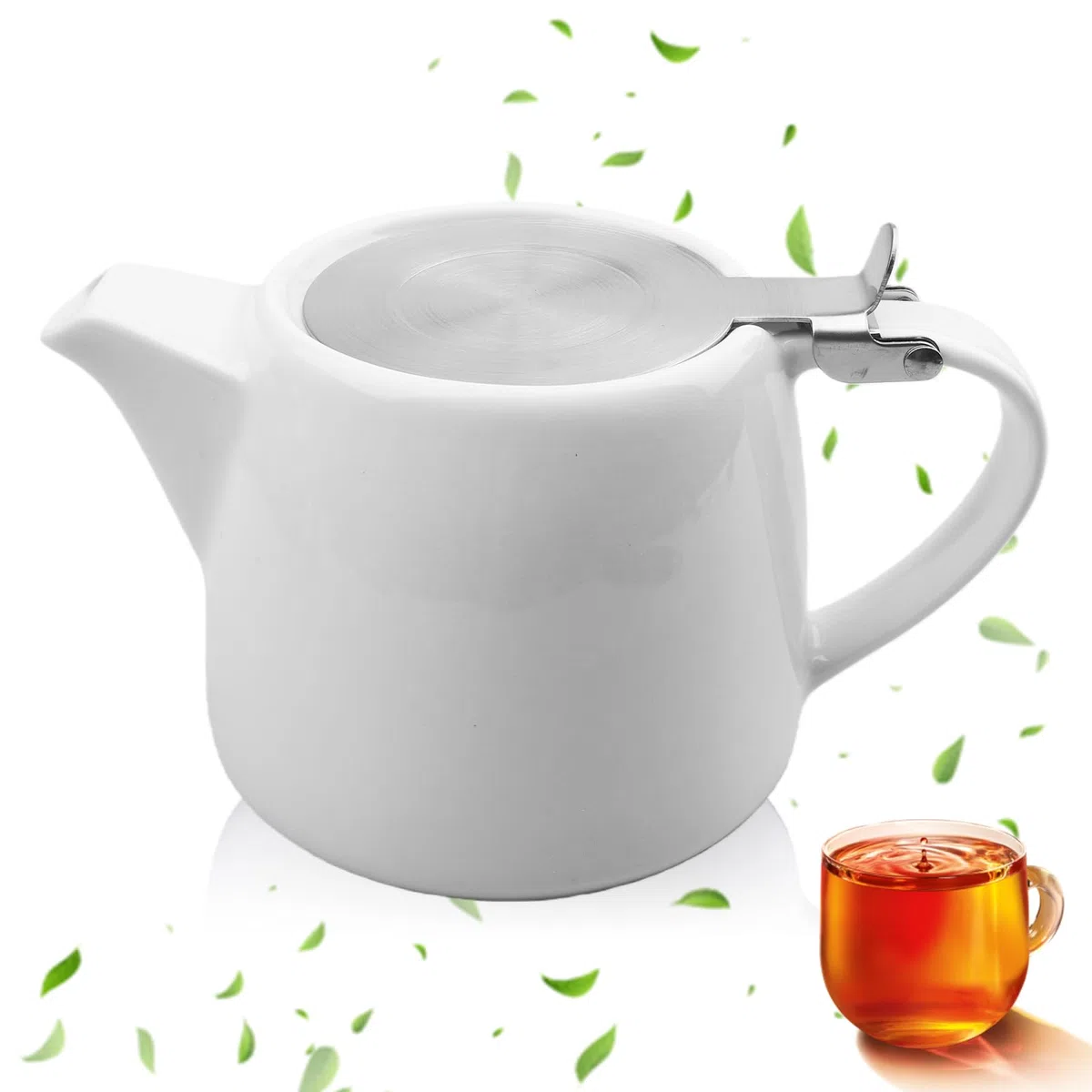 Tetera de porcelana: cafetera de cerámica blanca con colador, tetera de cerámica de 500 ml con tapa de acero inoxidable, tetera para café, vajilla de porcelana, tetera