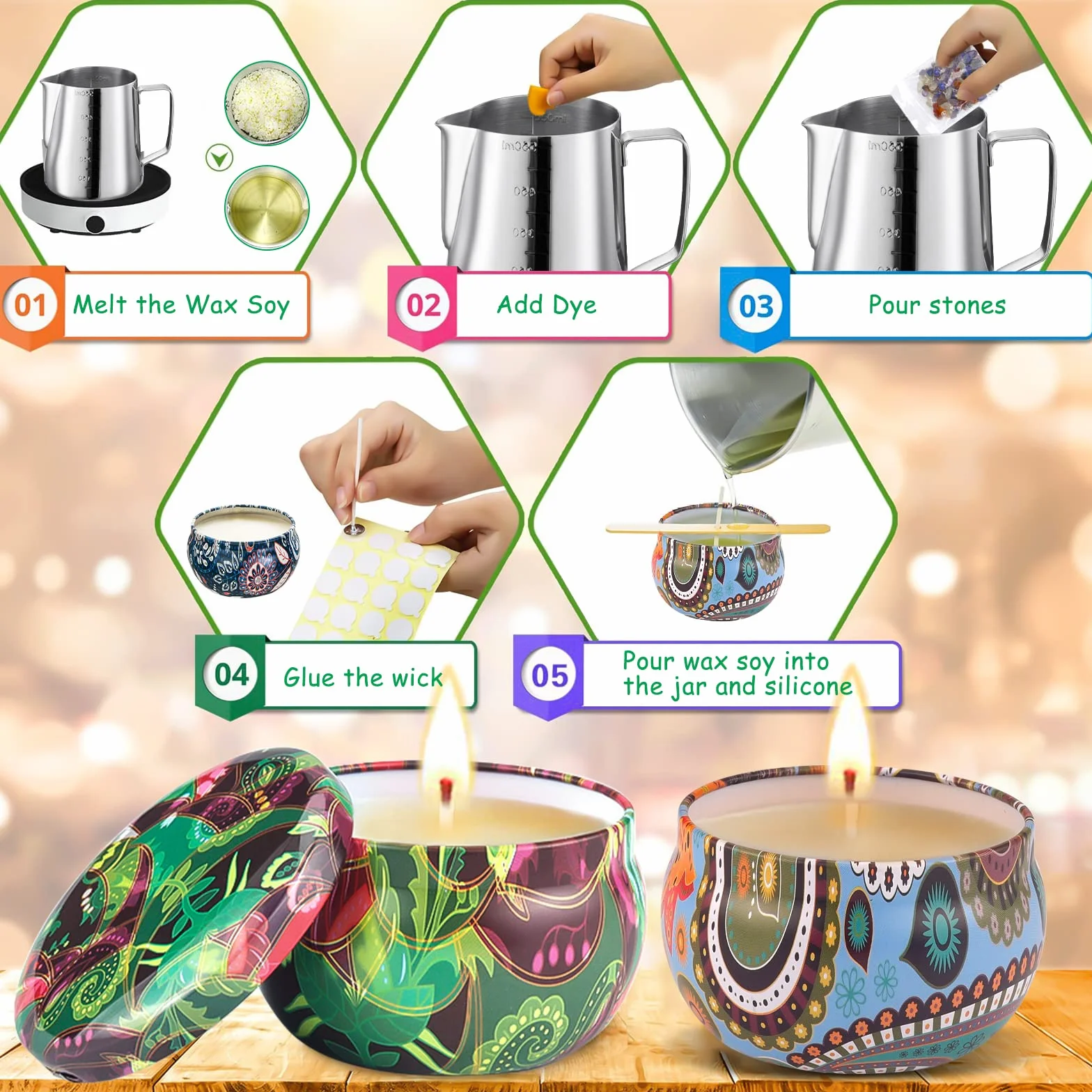 Kit de fabricación de velas de cera para bricolaje, kit de velas perfumadas, 50 mechas de vela, 1 bote de fabricación, 8 cajas de macetas, 56 pegatinas de mecha y 2 soportes
