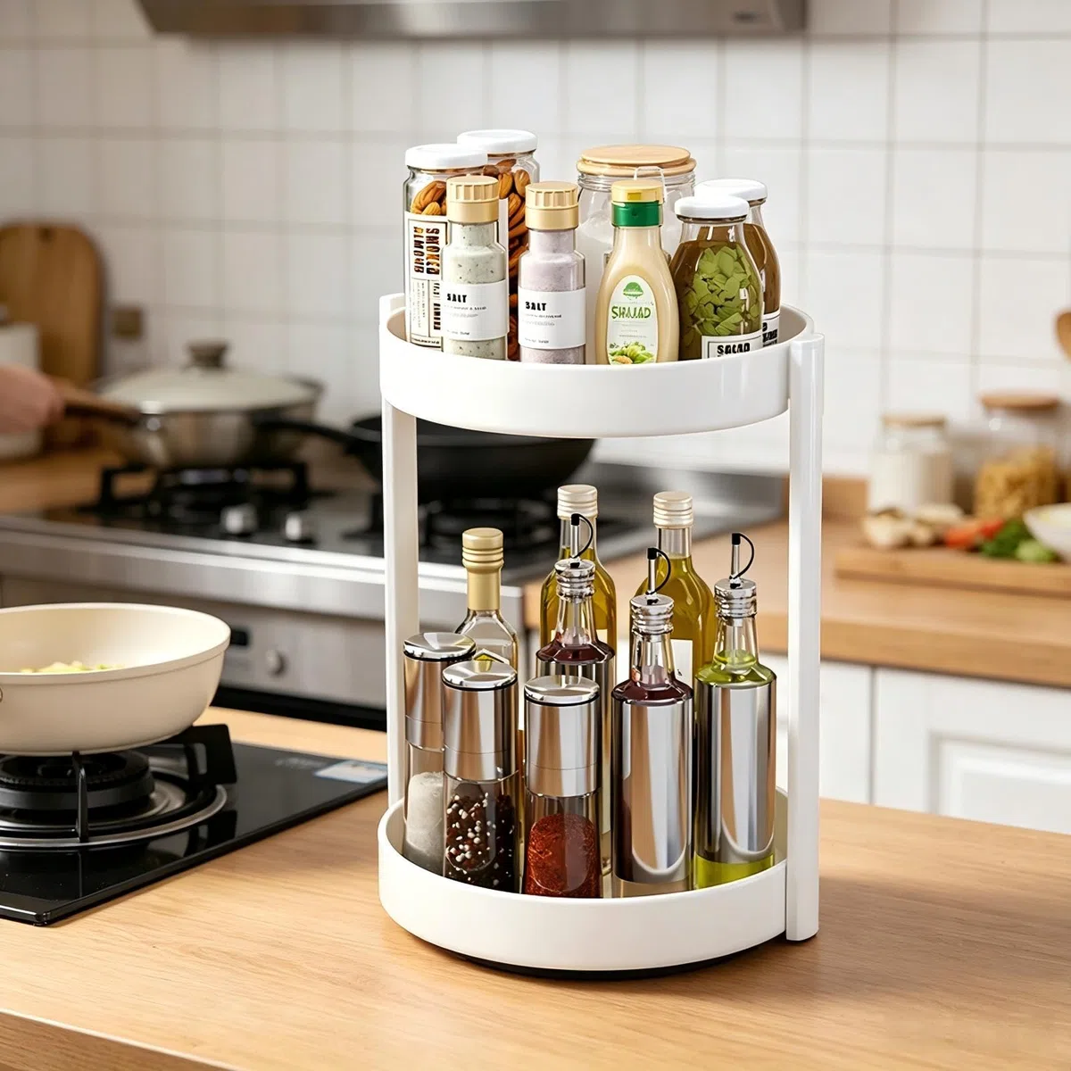 Especiero Giratorio Organizador Especias Cocina Metal Bandeja Giratoria 2 Niveles Lazy Susan Plato para Armario Organizador de Maquillaje (Negro, 2Tiers)