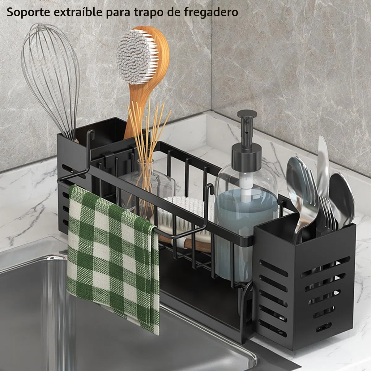 Organizador Fregadero Cocina, Organizador de Fregadero con Soporte para Trapo de Cocina & Caja de Almacenamiento, Organizador de Fregadero de Metal con Bandeja de Drenaje Automática (Negro)