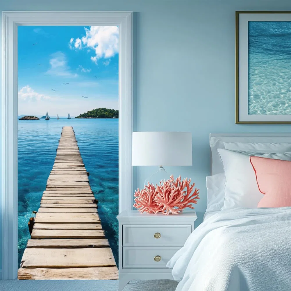 arricraft 2 calcomanías autoadhesivas para puerta, 31.5 x 78.7 pulgadas, murales de puerta con temática costera con diseño de velero, gaviotas, puente de PVC, decoración extraíble para dormitorio