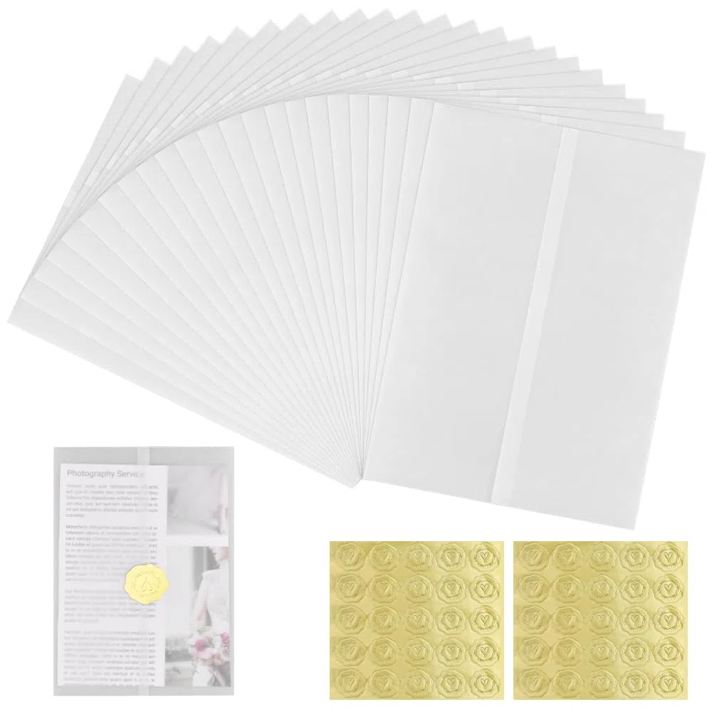 50 piezas de papel vitela para invitaciones de boda, chaqueta de vitela translúcida preplegada de 6 x 8 pulgadas con adhesivo de sellado de amor, chaquetas de envoltura de vitela para invitaciones de