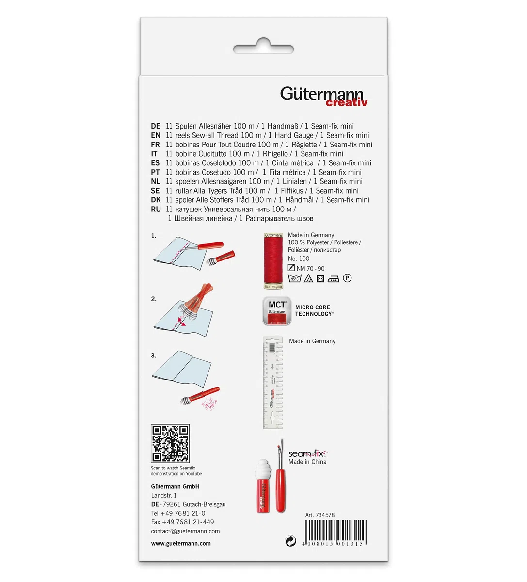 Gütermann creativ Set hilo de coser con 11 bobinas de Coselotodo de 100 m en los colores básicos + regleta + Seam-fix mini