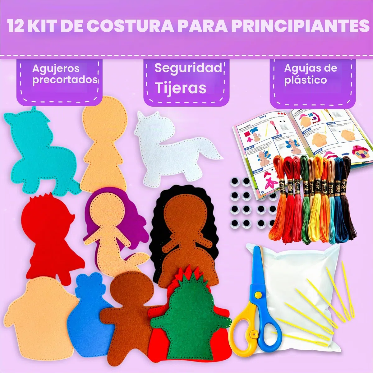 QUOKKA Manualidades Para Niños De 4 A 8 Años - Kit De Costura Para Principiantes Con Aguja E Hilo - Kit Básico De Costura Con 12 Cuentos De Hadas - Manualidades Divertidas Para Niños