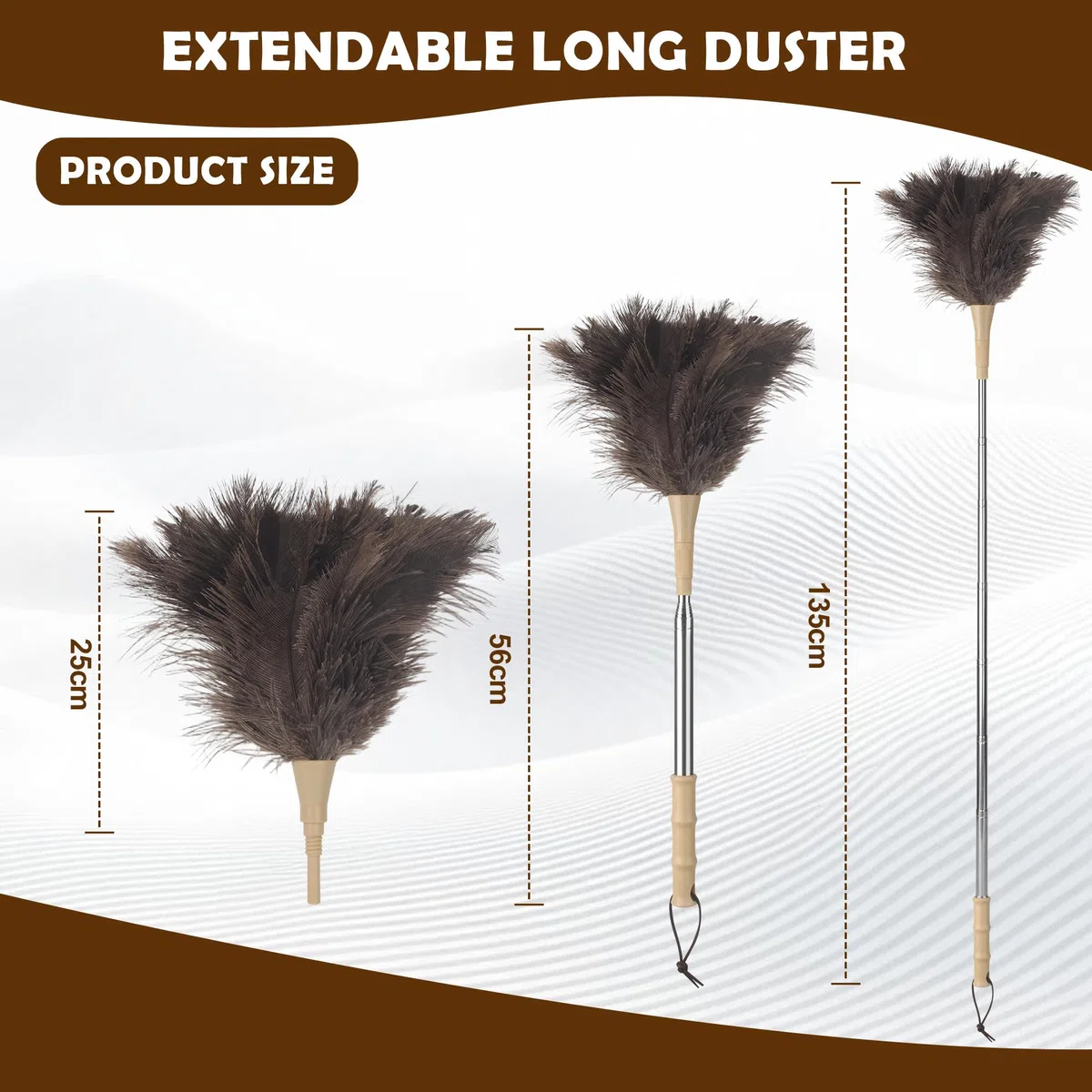 Plumero de Plumas de Avestruz, Plumero Telescopico Extensible hasta 186 cm,Lavable, Antiestático, no Raya, con Mango de, para Techos, Ventiladores de Techo, Muebles, Coches y Superficies
