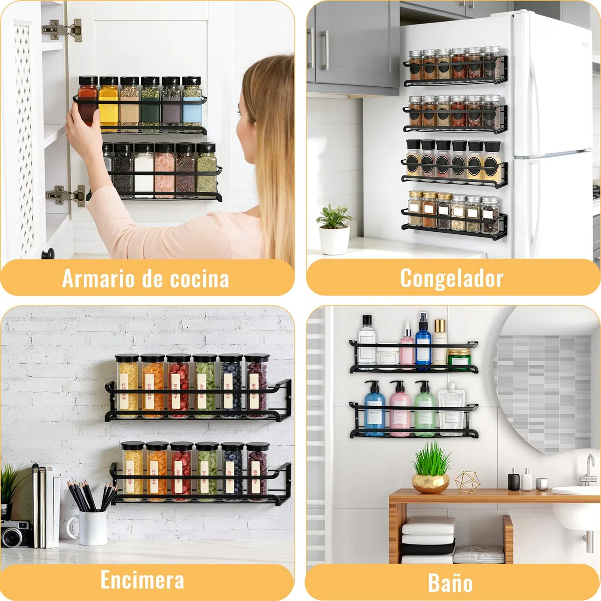 Estante De Especias De Pared, Estante De Almacenamiento De Condimentos De Metal De Cuatro Niveles, No Requiere Perforación, Especiero Colgante, Adecuado Para Cocinas Y Armarios