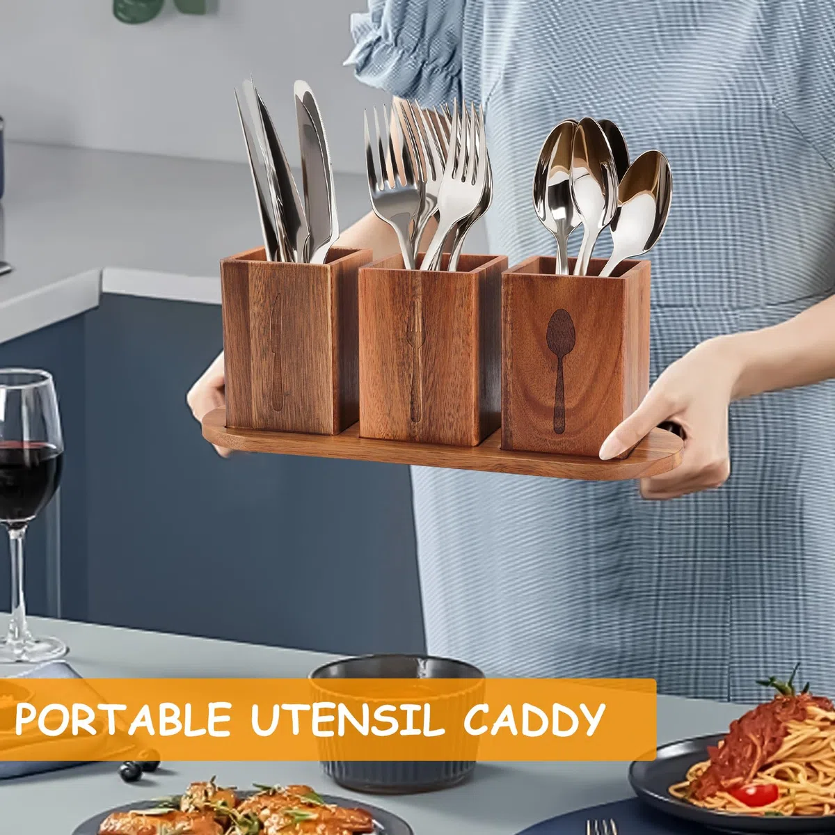 Escurridor de cubiertos de madera, portacubiertos de mesa con orificio de drenaje inferior, escurridor de cubiertos de cocina con bandeja de madera, soporte para utensilios para guardar palillos,