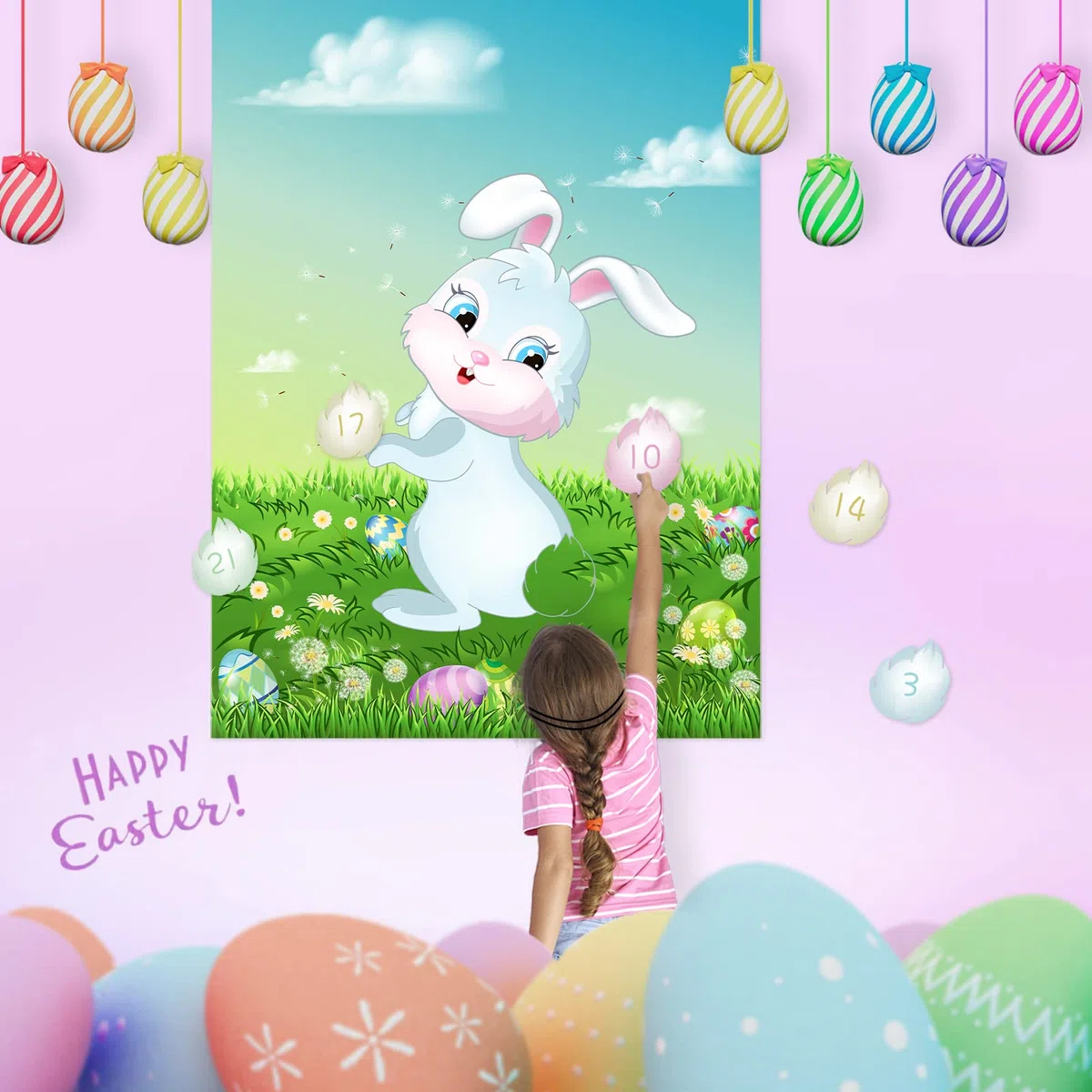 ASTARON Pin The Tail on The Bunny con 24 Uds. De Colas de Conejo, Juego de Fiesta de Pascua para niños, Suministros de decoración para Fiesta de Pascua Feliz